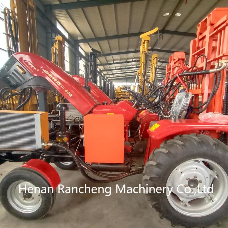 Tractor-mounted, four-wheel, high-power drilling rig for 200/260m, 254mm water well drilling.
