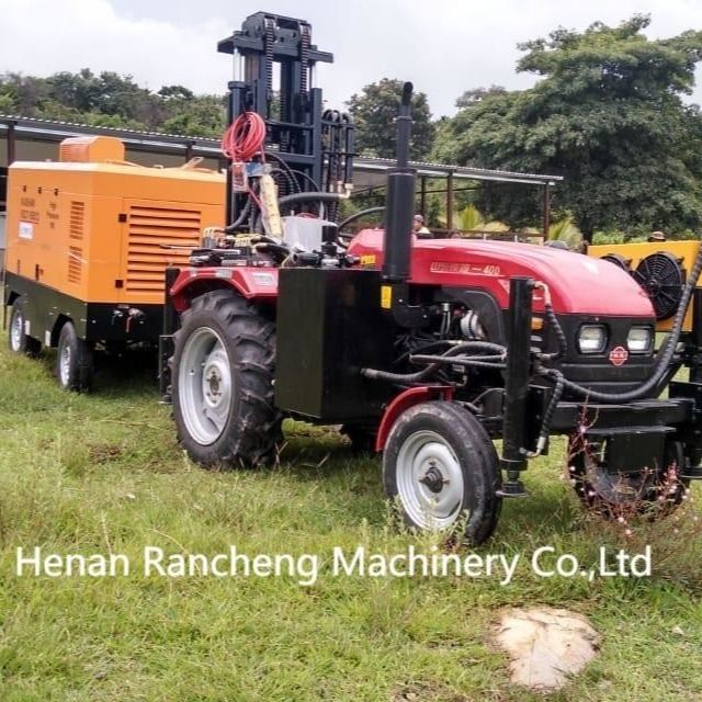 Tractor-mounted, four-wheel, high-power drilling rig for 200/260m, 254mm water well drilling.